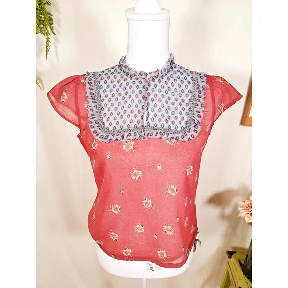 Free People Women's Flutter Sleeve Floral Blouse Medium Red - Picture 3 of 9